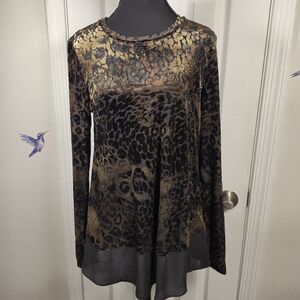 ​Glam Gold Velvet Burnout Leopard Print Tunic Top Black L-S Layered Hem S/M